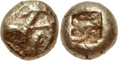 IONIA, Uncertain. Circa 650-600 BC. EL Hemihekte – 1/12 Stater (7mm, 1.19 g). Milesian standard. Figural-on-striated type. Crude chimaira(?) right on striated background / Square punch with raised lin