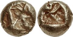 IONIA, Uncertain. Circa 650-600 BC. EL 1/24 Stater (6mm, 0.57 g). Milesian standard. Figural-on-striated type. Crude chimaira(?) right on striated background / Square punch with raised lines within. U