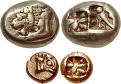 LYDIA, Uncertain. Circa 650-550 BC. Lot of two early electrum. Includes the following: EL Hekte (10mm, 2.33 g). Milesian standard. Forepart of lion left / Two square punches, one with stellate pattern