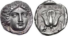 ISLANDS off CARIA, Rhodos. Rhodes . Circa 404-385 BC. AR Tetradrachm (22mm, 15.14 g, 12h). Chian standard. Reverse die signed by Xe(no)-. Head of Helios facing slightly right / Rose in profile, bud to