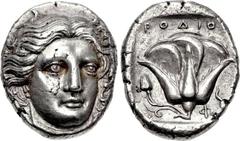 ISLANDS off CARIA, Rhodos. Rhodes . Circa 404-385 BC. AR Tetradrachm (20mm, 15.32 g, 12h). Head of Helios facing slightly right / Rose in profile, bud to left; POΔION above, Φ and boukranion to right;
