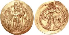 KUSHANO-SASANIANS. Hormizd I. Circa AD 265-295. AV Dinar (30mm, 7.86 g, 12h). Balkh mint. ωYPOμOZδO OOZ OPKO KOÞONO ÞOYO/βOXΛO in Baktrian, king standing left, wearing lion-head crown with korymbos an