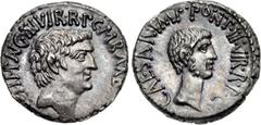 Mark Antony and Octavian. Spring-early summer 41 BC. AR Denarius (18mm, 3.83 g, 12h). Ephesus mint. M. Barbatius Pollio, quaestor pro praetore . Bare head of Mark Antony right; [M • AN]T • I(MP) • (AV