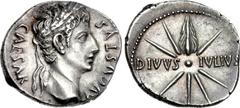 Augustus. 27 BC-AD 14. AR Denarius (20mm, 3.88 g, 5h). Spanish mint - Tarraco. Struck circa 18 BC. CAESAR AVGVSTVS, laureate head right / DIVVS • IVLIVS across field, comet with eight rays and tail. R