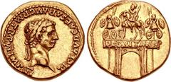 Claudius. AD 41-54. AV Aureus (19mm, 7.77 g, 5h). Rome mint. Struck AD 46-47. TI CLAVD CAESAR AVG P M TR P VI IMP XI, laureate head right / DE BRITANN on architrave, triumphal arch, surmounted by an e