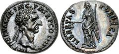 Nerva. AD 96-98. AR Denarius (18mm, 3.30 g, 6h). Rome mint. Struck 19 September-31 December AD 96. IMP NERVA CAES AVG P M TR P COS II P P, laureate head right / LIBERTAS PVBLICA, Libertas standing lef