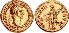 Nerva. AD 96-98. AV Aureus (18mm, 7.43 g, 6h). Rome mint. Struck AD 97. IMP NERVA CAES AVG P M TR P COS III P P, laureate head right / AEQVITAS AVGVST, Aequitas, wearing stephane, draped, standing lef