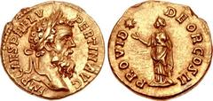 Pertinax. AD 193. AV Aureus (20mm, 7.25 g, 12h). Rome mint. IMP CAES HELV PERTIN AVG, laureate head right / PROVID DEOR COS II, Providentia, draped, standing left, holding up right hand toward star, l