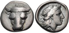 Greek PHOKIS, Federal Coinage. Circa 352-351 BC. AR Triobol (14mm, 2.59 g, 11h). Phayllos, strategos. Facing head of bull / Laureate head of Apollo right; chelys to left. Williams 394 (O263/R232); BCD