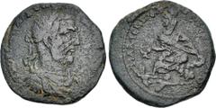 Roman Provincial CILICIA, Mallus. Macrinus. AD 217-218. Æ (35mm, 23.89 g, 7h). Dated CY 284 (217 AD). Laureate, draped, and cuirassed bust right, seen from the front / Tyche seated left on rocks, hold