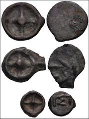 MOESIA, Istros. Denomination set of cast Æ Wheel Coins. Late 5th century BC. All coins: wheel (or solar disk) with four spokes and with raised central hub / ΙΣΤ across field (the second retrograde). T