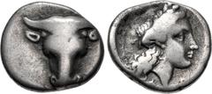 Greek PHOKIS, Federal Coinage. Circa 352-351 BC. AR Triobol (14.5mm, 2.58 g, 11h). Philomelos, strategos. Facing head of bull / Laureate head of Apollo right; traces of branch to left. Williams 332–4 