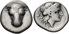 Greek PHOKIS, Federal Coinage. Circa 352-351 BC. AR Triobol (13.5mm, 2.61 g, 3h). Phayllos, strategos. Facing head of bull / Laureate head of Apollo right; chelys to left. Williams 351 (O245/R213); BC