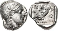 Greek ATTICA, Athens. Circa 454-404 BC. AR Tetradrachm (21mm, 17.22 g, 8h). Helmeted head of Athena right, with frontal eye / Owl standing right, head facing, closed tail feathers; olive spray and cre