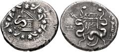 LYDIA, Tralleis. Circa 166-67 BC. AR Tetradrachm (27mm, 12.26 g, 12h). Cistophoric coinage. Atta-, magistrate. Struck 133-100 BC. Cista mystica containing serpent; all within ivy-wreath / Bow in case 