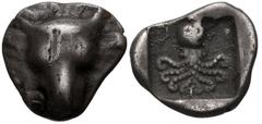 EUBOIA, Eretria. Circa 500-465 BC. AR Obol (8mm, 0.61 g, 9h). Facing head of cow / Octopus within incuse square. BCD Euboia 324 (same dies). VF, toned, soft obverse strike. Ex BCD Collection (not in L