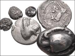 GREEK. Miscellaneous. Lot of Six (6) AR from Illyria, Dyrrachion to Caria. Includes: Illyria, Dyrrachion. AR Drachm // Islands off Attica, Aegina. AR Stater // Argolis, Argos. AR Triobol // Ionia, Kol
