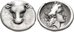 Greek PHOKIS, Federal Coinage. Circa 357-354 BC. AR Triobol (15mm, 2.56 g, 11h). Philomelos, strategos. Facing head of bull / Laureate head of Apollo right; laurel branch to left. Williams 316 (O224/R