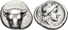 Greek PHOKIS, Federal Coinage. Circa 352-351 BC. AR Triobol (15mm, 2.66 g, 11h). Phayllos, strategos. Facing head of bull / Laureate head of Apollo right; chelys to left. Williams 373 (O262/R226); BCD