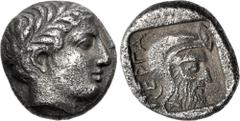 Greek MYSIA, Pergamon. Circa 400 BC. AR Hemidrachm (11mm, 1.66 g, 1h). Chian standard. Laureate head of Apollo right / Bearded head right, wearing Persian tiara, within incuse square. Von Fritze, Perg