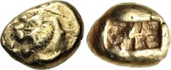 Greek KINGS of LYDIA. Alyattes. Circa 620/10-564/53 BC. EL Hekte – Sixth Stater (14mm, 4.65 g). Lydo-Milesian standard. Sardes mint. Confronted heads of roaring lions, "sun" on foreheads (die position