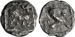 Greek SAMARIA, "Middle Levantine" Series. Circa 375-333 BC. AR Hemiobol (6mm, 0.16 g, 2h). Bridled horse walking left; D (in Aramaic) above / Winged sphinx, with head of Persian king, seated right; [D