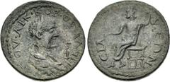 Roman Provincial PAMPHYLIA, Sillyum. Valerian II. Caesar, AD 256-258. Æ Dekassarion (33mm, 18.31 g, 7h). Laureate, draped, and cuirassed bust right; I (mark of value) to right / Zeus seated left, hold