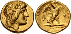 Greek CALABRIA, Tarentum. temp. Pyrrhos of Epeiros. Circa 276-272 BC. AV Quarter Stater – Triobol (11mm, 2.15 g, 4h). Head of Apollo right, wearing laurel wreath; NK monogram to left / Eagle standing 