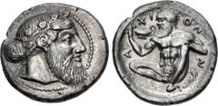 Greek SICILY, Naxos. Circa 461-430 BC. AR Drachm (18.5mm, 4.25 g, 5h). Bearded head of Dionysos right, wearing ivy wreath / Silenos, nude and ithyphallic, squatting half-left, holding kylix in right h