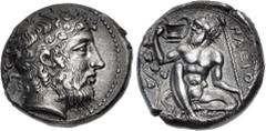 Greek SICILY, Naxos. Circa 430/20-415 BC. AR Tetradrachm (24.5mm, 16.49 g, 2h). Bearded head of Dionysos right, wearing tainia decorated with an ivy branch / Silenos, nude and bearded, squatting half-