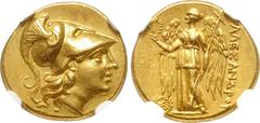 Greek MOESIA, Istros. Circa 260-253/40 BC. AV Stater (18.5mm, 8.47 g, 12h). In the name and types of Alexander III. Head of Athena right, wearing triple-crested Corinthian helmet decorated with coiled