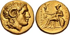 Greek KINGS of THRACE, Macedonian. Lysimachos. 305-281 BC. AV Stater (17mm, 8.48 g, 6h). Ephesos mint. Struck circa 294-287 BC. Diademed head of the deified Alexander right, with horn of Ammon / BAΣIΛ