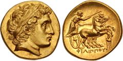 Greek KINGS of MACEDON. Philip III Arrhidaios. 323-317 BC. AV Stater (18mm, 8.54 g, 12h). In the types of Philip II. Kolophon mint. Struck under Menander or Kleitos, circa 322-319 BC. Head of Apollo r