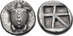 Greek ISLANDS off ATTICA, Aegina. Circa 480-457 BC. AR Stater (21mm, 12.04 g, 1h). Sea turtle, head in profile, with 'T-back' design on shell / Large square incuse with skew pattern. Meadows, Aegina, 