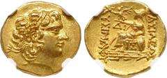 Greek KINGS of PONTOS. Mithradates VI Eupator. Circa 120-63 BC. AV Stater (19mm, 8.20 g, 12h). First Mithradatic War issue. In the name and types of Lysimachos of Thrace. Istros mint. Struck circa 88-