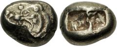 Greek KINGS of LYDIA. temp. Ardys – Alyattes. Circa 630s-564/53 BC. EL Trite – Third Stater (12.5mm, 4.76 g). Lydo-Milesian standard. Sardes mint. Confronted lion heads (die positioned to feature the 
