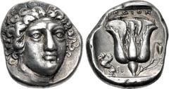 Greek ISLANDS off CARIA, Rhodos. Rhodes. Circa 408/7-404 BC. AR Tetradrachm (22.5mm, 15.35 g, 12h). Head of Helios facing slightly right / Rose in profile, with bud to right; POΔION above; to left, sp