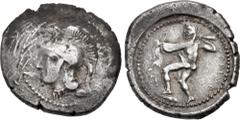 Greek DYNASTS of LYCIA. Kheriga. Circa 440-410 BC. AR Stater (23mm, 7.93 g, 9h). Telmessos mint. Head of Athena left, wearing crested Attic helmet / Herakles, nude but for lion skin draped over his he
