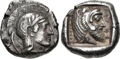 Greek DYNASTS of LYCIA. Kherei. Circa 410-390 BC. AR Stater (18.5mm, 8.50 g, 12h). Telebehi (Telmessos) mint. Head of Athena right, wearing crested Attic helmet decorated with spiral palmette and thre