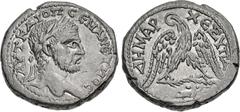 Roman Provincial JUDAEA, Ascalon. Macrinus. 217-218 CE. BI Tetradrachm (28mm, 15.26 g, 12h). AVT KAI ΟΠ CЄ MAKPЄIИOC, laureate head right / ΔHM AP X ЄΞ VΠ Δ, eagle standing facing on palm frond, head 