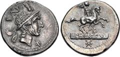 Roman Republican L. Philippus. 113-112 BC. AR Denarius (19mm, 3.88 g, 12h). Rome mint. Head of Philip V of Macedon right, wearing diademed royal Macedonian helmet with goat horns; ROMA monogram to lef