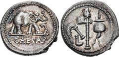 Roman Republican The Caesarians. Julius Caesar. April-August 49 BC. AR Denarius (18mm, 3.72 g, 3h). Military mint traveling with Caesar. Elephant advancing right, trampling on horned serpent; CAESAR i