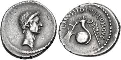 Roman Republican The Caesarians. Julius Caesar. 42 BC. AR Denarius (18mm, 3.55 g, 9h). Rome mint; L. Mussidius Longus, moneyer. Laureate head right / Rudder, cornucopia on globe, winged caduceus, and 