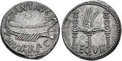Roman Republican The Triumvirs. Mark Antony. Autumn 32-spring 31 BC. AR Denarius (16mm, 3.48 g, 6h). Legionary type. Patrae(?) mint. Praetorian galley right; ANT • AVG above, III • VIR • R • P • C bel