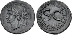 Roman Imperial Augustus. 27 BC-AD 14. Æ Dupondius (33mm, 24.09 g, 5h). "Triumphal Coinage" issue. Rome mint; M. Salvius Otho, moneyer. Struck 7 BC. [CAES]AR • AVGVST • PONT • MAX • TRI BVNIC • [POT], 