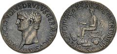 Roman Imperial Nero Claudius Drusus. Died 9 BC. Æ Sestertius (35mm, 27.18 g, 6h). Rome mint. Struck under Claudius, AD 42-43. NERO • CLAVDIVS • DRVSVS • GERMANICVS • IMP, bare head left / TI CLAVDIVS 
