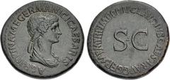 Roman Imperial Agrippina Senior. Died AD 33. Æ Sestertius (36.5mm, 29.71 g, 6h). Rome mint. Struck under Claudius, AD 42-43. AGRIPPINA • M • F • GERMANICI CAESARIS, draped bust right / TI • CLAVDIVS •