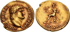 Roman Imperial Nero. AD 54-68. AV Aureus (19mm, 7.28 g, 6h). Rome mint. Struck circa AD 64-65. NERO CAESAR AVGVSTVS, laureate head right / ROMA in exergue, Roma, helmeted and draped, seated left on cu