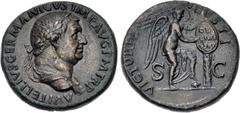 Roman Imperial Vitellius. AD 69. Æ Sestertius (33mm, 24.61 g, 6h). "Judaea Capta" commemorative. Rome mint. Struck circa late April–20 December. A VITELLIVS GERMANICVS IMP AVG P M TR P, laureate and d