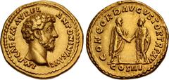 Roman Imperial Marcus Aurelius. AD 161-180. AV Aureus (19.5mm, 7.28 g, 12h). Rome mint. Struck AD 161. IMP CΛES M ΛVREL ΛNTONINVS ΛVG, bare head right / CONCORD ΛVGVSTOR TR P XV; COS III in exergue, M